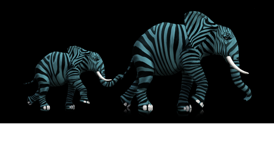 Éléphant et éléphanteau à rayures